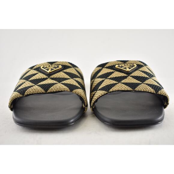Prada Jacquard Triangle Logo Black Beige Tan Leather Slide Sandal Flat Mule 37.5 - Picture 10 of 16